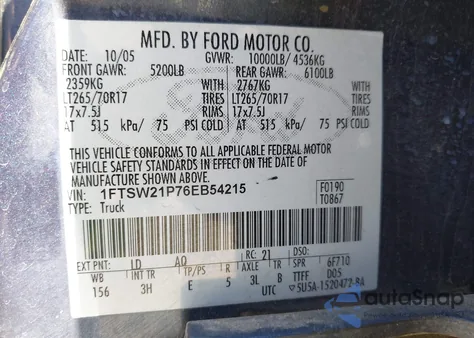 2006 Ford F-250 Lariat/Xl/Xlt from USA, damaged, VIN 1FTSW21P76EB54215